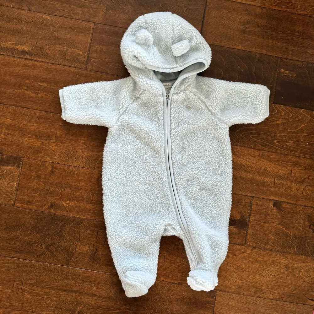 Ralph Lauren Boys‎ 3 Months Shearling Sherpa Bunting Suit Blue Hooded One Piece